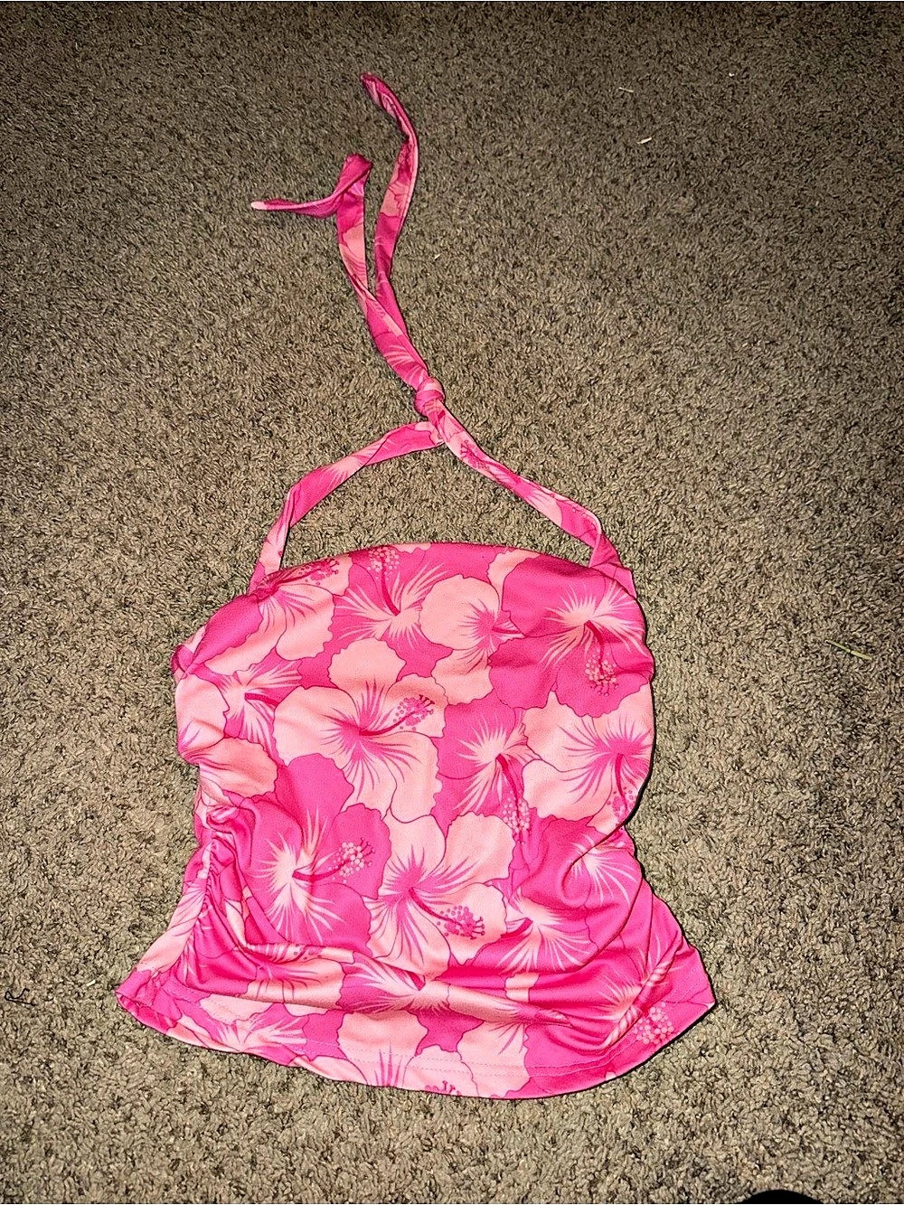 SHEIN Pink Tropical Hibiscus Print Halter Tankini Top One-Piece Medium